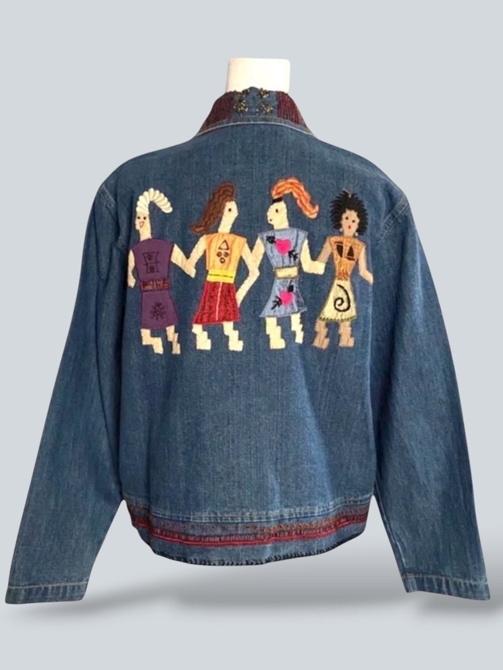 Chico’s Jean Jacket Denim Embroidered Friends Beaded Applique Button Up Small